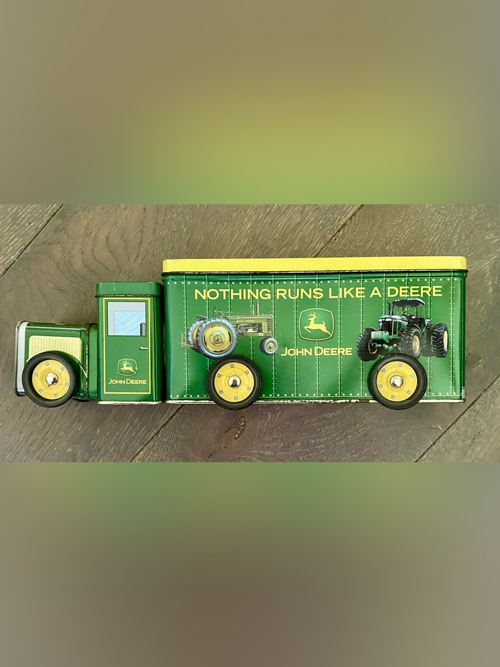 John Deere Green and Yellow Tin Toy Wagon with Tractor Graphic 11 1/2 x 4 1/2